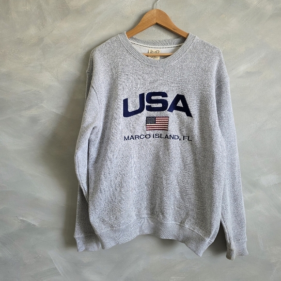 USA FLAG EMBROIDERED Marco Island FL Crewneck Sweatshirt Pacific & Co Sz M Mens - Picture 2 of 10